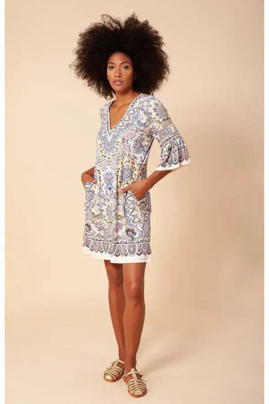 Hale Bob Mirabel Jersey Mini Dress Paisley Boho Artsy Hippie Colorful 70s Medium